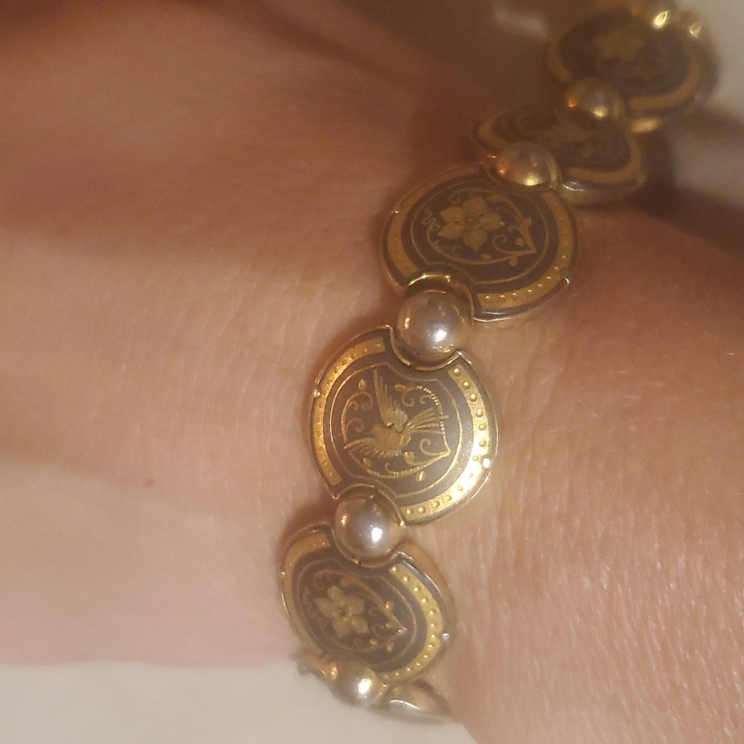Vintage Damascene Goldtone Toledo Bird Round Metal Bracelet 24$